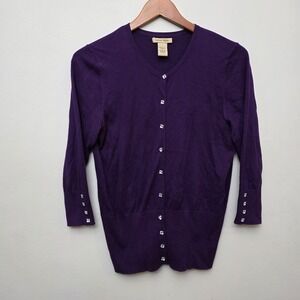 Vertical Design Purple Cotton Silk Blend Cardigan Sweater‎ Embellished Buttons M